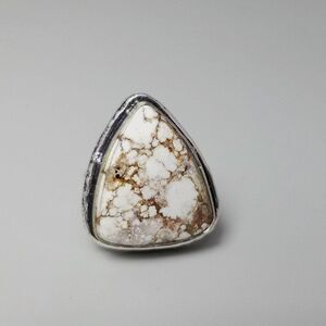 Vintage Marbled Stone Ring, Brown and White Triangle, Bezel Set Silver Tone Band